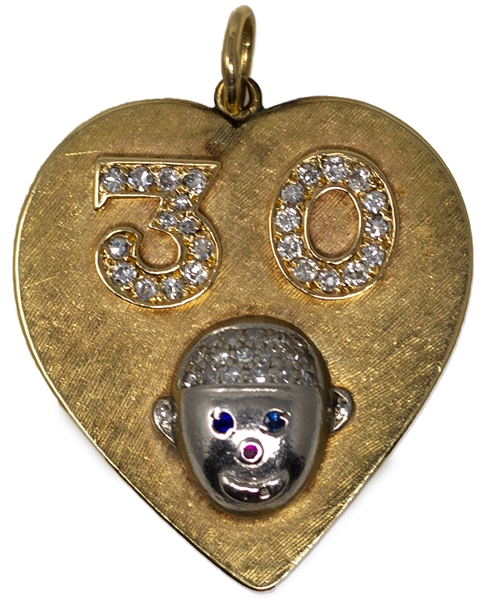 Moe & Helen Howard's 30th Wedding Anniversary Pendant, Accented With Diamonds, Sapphires & Rubies in Both the ''30'' & Moe's Head --  14kt Gold Heart Pendant Measures 1.375'' x 1.5'' -- Very Good
